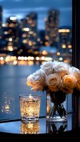 Romantic evening cityscape with white roses in crystal vase and glowing candle on windowsill, blurred urban lights and skyscrapers backdrop creating cozy ambiance.