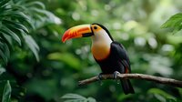 Toco toucan perched on branch against blurred tropical foliage background, vibrant orange beak and black plumage creating striking natural contrast in rainforest setting.