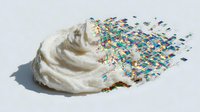 Fluffy white cream dissolving into colorful square confetti particles on white background, creating visual contrast between soft texture and geometric shapes.