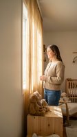 Woman in beige cardigan and jeans standing by sunlit window in nursery room with teddy bear and wooden furniture, warm natural light streaming through sheer curtains.