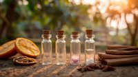Small glass bottles with cork stoppers arranged with dried orange slices, cinnamon sticks, and star anise on rustic surface against blurred natural background.