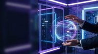 Male professional in business attire interacting with glowing digital holographic interface displaying data and technology symbols in modern server room environment with neon lighting.