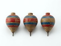 Vintage wooden spinning tops with red, blue, and natural wood stripes, isolated on white background. Perfect for antique collections, nostalgic designs, educational materials, and retro toy illustrations.