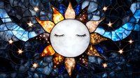 Celestial mosaic artwork featuring sleeping sun with closed eyes and golden rays against dark blue night sky with glowing stars. Stained glass style design.
