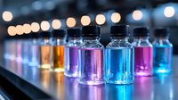 Colorful glass bottles with glowing liquid in laboratory setting, illuminated by bokeh lights. Scientific research concept with vibrant chemical solutions in row.