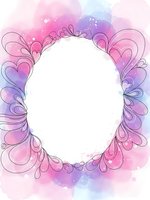 Watercolor oval frame with decorative swirls in pink and purple hues, blank space for text or design elements on white background.