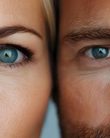 Close-up macro shot of two pairs of intense blue eyes, male and female side by side, showing detailed iris patterns and emotional connection. Artistic portrait photography.