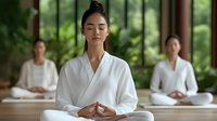 Young Asian woman in white robe practicing meditation with closed eyes in peaceful spa setting with blurred people in background for wellness concepts.
