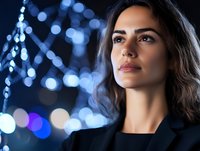 Young Hispanic businesswoman in black blazer against blurred blue bokeh lights background, looking confidently into distance with determined expression.