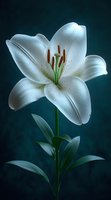 Elegant white lily flower with stamens and pistil in full bloom against dark teal background, dramatic lighting highlights delicate petal texture and botanical details.