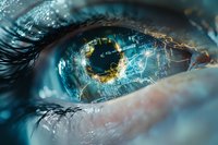 Macro photography of human eye with creative double exposure effect showing glowing world map and lightning elements. Futuristic vision concept for global technology.