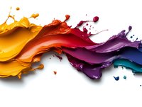 Dynamic splash of vibrant paint waves flowing horizontally with yellow, red, purple and blue colors creating artistic motion effect on white isolated background.