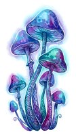 Psychedelic mushrooms with ornate swirls in vibrant blue purple watercolor style isolated on white background for mystical fantasy designs.