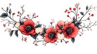 Red poppies and berries floral arrangement with black leaves on white background, watercolor style botanical composition for decorative design.