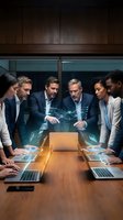 Diverse business team analyzing holographic data projections in modern conference room with laptops and digital technology for strategic planning.