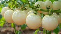 Fresh white cherry tomatoes growing on vine branch with green leaves in garden, natural organic produce ready for harvest in summer season.
