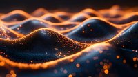 Abstract glowing orange waves with sparkles and bokeh effects flowing on dark background create dynamic futuristic pattern for technology designs.