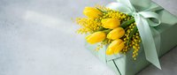 Yellow tulips and mimosa flowers wrapped in mint green paper with ribbon on light textured background for spring celebration and Women's Day greeting cards.