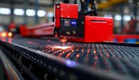 Red industrial laser cutting machine in operation cutting metal sheet with bright sparks flying in modern manufacturing facility workshop.
