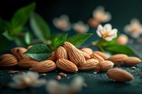 Fresh almonds with green leaves scattered on dark surface creating natural organic food composition for healthy eating and nutrition concepts.