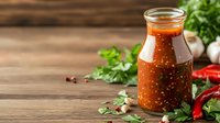Homemade spicy red sauce in glass bottle with fresh chili peppers, garlic and herbs on rustic wooden background. Food photography with copy space.