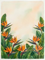 Watercolor tropical border with bird of paradise flowers and lush green leaves on soft peach background, copy space for text.