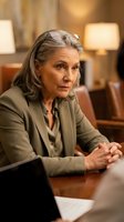 Mature woman with gray hair wearing olive blazer seated at wooden desk in warm office setting with laptop and lamp, suitable for corporate, business, and professional themes.