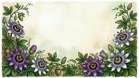 Passion flower vine border with purple and white blooms, green foliage, and buds on aged cream background, isolated for invitations and design projects.