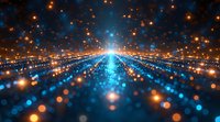 Abstract digital technology background with glowing blue and orange light particles creating infinity perspective tunnel effect for tech presentations.