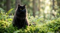 Black cat sitting in forest surrounded by green ferns and moss with soft natural lighting filtering through trees creating peaceful woodland atmosphere.