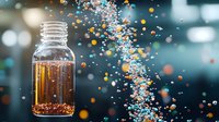 Spiraling DNA helix pattern formed by colorful floating particles and bubbles next to glass bottle with amber liquid against blurred teal background.