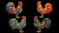 Colorful rooster illustrations isolated on transparent background, ready for t-shirt design, clipart, stickers, sublimation and print-on-demand projects.