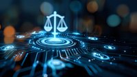 Digital scales of justice glowing on futuristic circuit board with blue technology elements against dark background with bokeh lights.