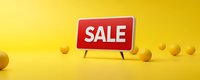 Red sale sign on yellow background with floating spheres, minimal modern retail promotion design for marketing and advertising campaigns on bright backdrop.