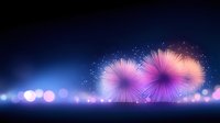 Vibrant pink and purple fireworks display against dark blue night sky with glowing bokeh lights creating magical festive atmosphere for celebration backgrounds.