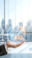 Businessman hand holding glowing digital sphere with gear and circuit board icons against blurred city skyline. Represents innovation, technology, and business solutions.