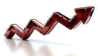 Red glass arrow chart showing upward trend on white background, business growth concept visualization with transparent crystal effect and soft shadow.