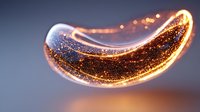 Glowing golden curved shape with sparkling particles and light trails floating against soft blue background, suitable for abstract backgrounds and digital design projects.
