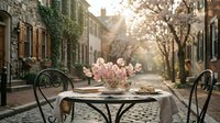 Outdoor cafe table with pink flowers and wrought iron chairs on a charming cobblestone street lined with ivy-covered buildings and autumn trees during golden hour.