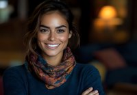Young Hispanic woman with bright smile wearing colorful patterned scarf and navy sweater against warm blurred background. Natural lifestyle portrait with soft lighting.