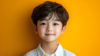 Young Asian boy with wavy brown hair and bright smile wearing white collar shirt against vibrant yellow background for family portraits or education concepts.