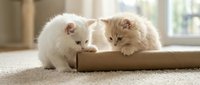 Two fluffy kittens playing with a cardboard tube toy on carpet, perfect for pet care, animal behavior, and playful kitten content.