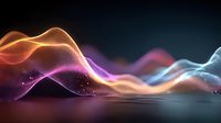 Colorful glowing wave forms with orange, purple, and blue light trails flowing across dark background, creating abstract digital landscape.