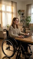 Woman with dark hair and glasses in wheelchair working on laptop at wooden desk in bright home office with plants and natural light.