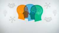 Colorful human head silhouettes with brain illustrations representing teamwork, collaboration and creative thinking in business partnerships.
