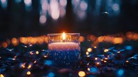 Glowing candle in glass holder against dark background with magical bokeh lights creating dreamy atmosphere. Romantic mood for spa and meditation.