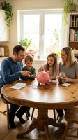 Happy Caucasian family with two children counting coins at wooden table with pink piggy bank in bright living room teaching kids about money and savings.