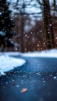 Gentle snowfall in winter forest with bokeh effect, focusing on ground level perspective showing falling snowflakes against dark blurred background.