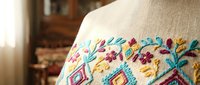 Colorful embroidered floral pattern on cream fabric showcasing traditional needlework with vibrant threads in pink, blue, yellow and purple hues.