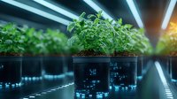 Fresh basil plants growing in modern hydroponic system with LED lights and digital monitoring displays showing real-time growth data in indoor vertical farm setting.